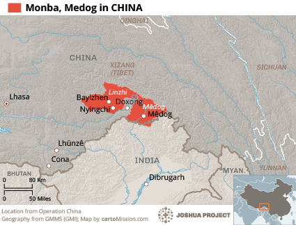 Map of Monba, Medog in China