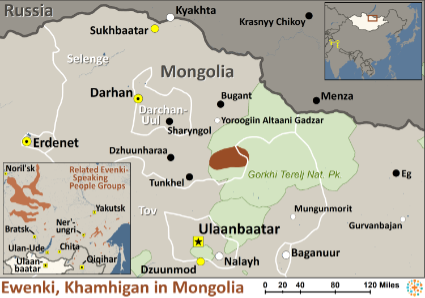 Map of Ewenki, Khamnigan in Mongolia