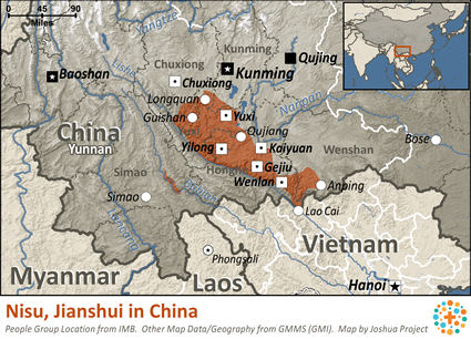 Map of Nisu, Jianshui in China