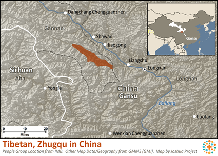 Map of Tibetan, Zhugqu in China