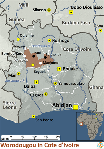 Map of Worodougou in Côte d'Ivoire
