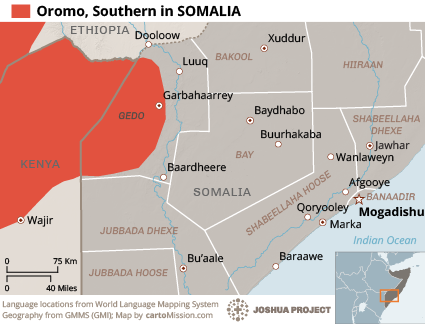 Map of Oromo, Southern in Somalia