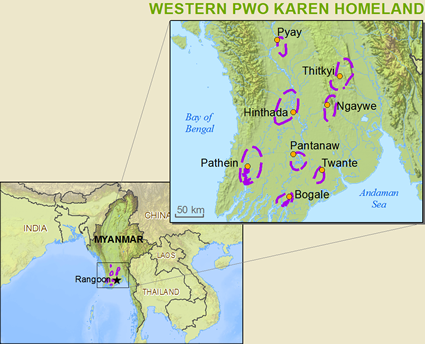 Map of Karen, Pwo Western in Myanmar (Burma)