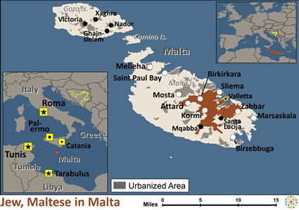 Map of Jewish, Maltese in Malta
