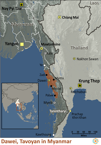 Map of Dawei, Tavoyan in Myanmar (Burma)