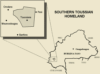 Map of Toussian, Southern in Burkina Faso