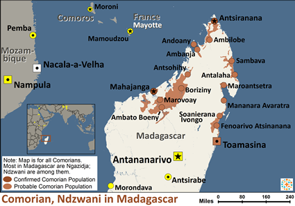 Map of Comorian, Ndzwani in Madagascar