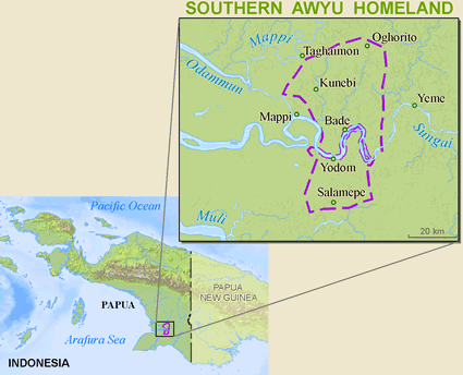 Map of Awyu, South in Indonesia
