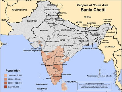 Map of Bania Chetti in India