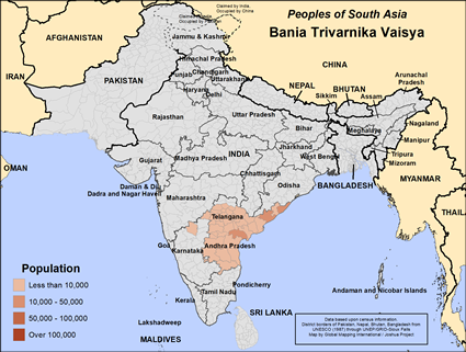 Map of Bania Trivarnika Vaisya in India