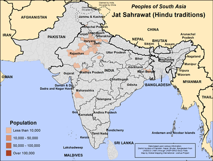 Map of Jat Sahrawat (Hindu traditions) in India