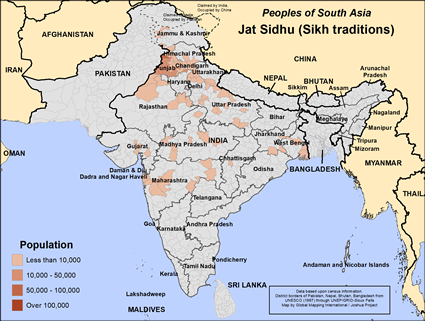 Map of Jat Sidhu (Sikh traditions) in India