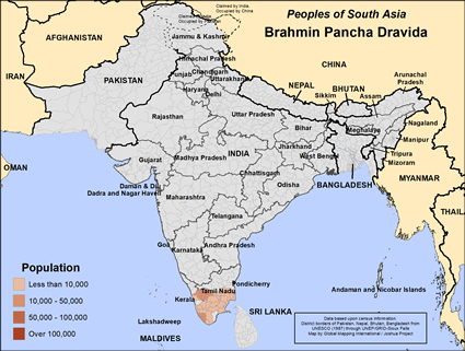 Map of Brahmin Pancha Dravida in India