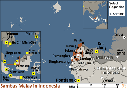 Map of Malay, Sambas in Indonesia