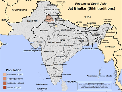 Map of Jat Bhullar (Sikh traditions) in India