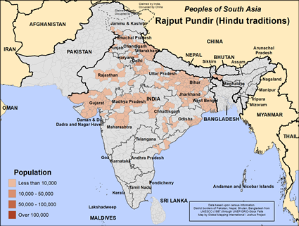 Map of Rajput Pundir (Hindu traditions) in India