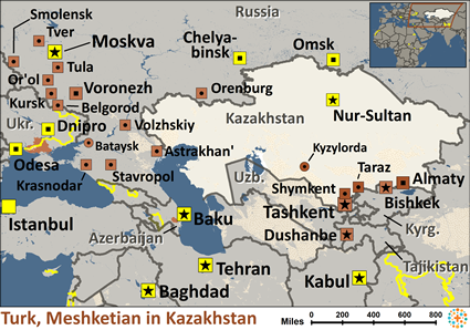 Map of Turk, Meskhetian in Kazakhstan
