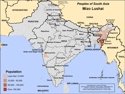 Map of Mizo Lushai in India