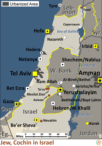 Map of Jewish, Cochin in Israel