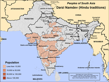 Map of Darzi Namdev (Hindu traditions) in India