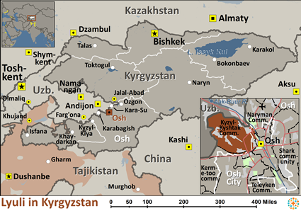 Map of Lyuli in Kyrgyzstan