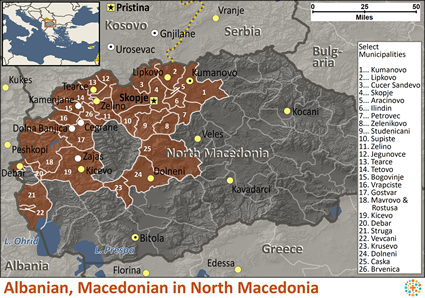 Map of Albanian, Macedonian in North Macedonia