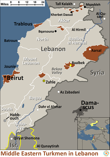 Map of Turkmen, Middle-Eastern in Lebanon