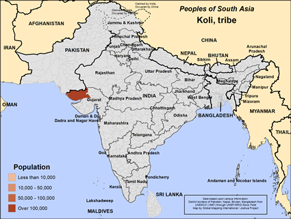 Map of Koli, tribe in India