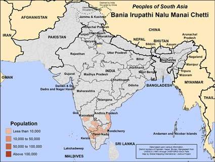 Map of Bania Irupathi Nalu Manai Chetti in India