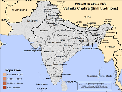Map of Valmiki Chuhra (Sikh traditions) in India